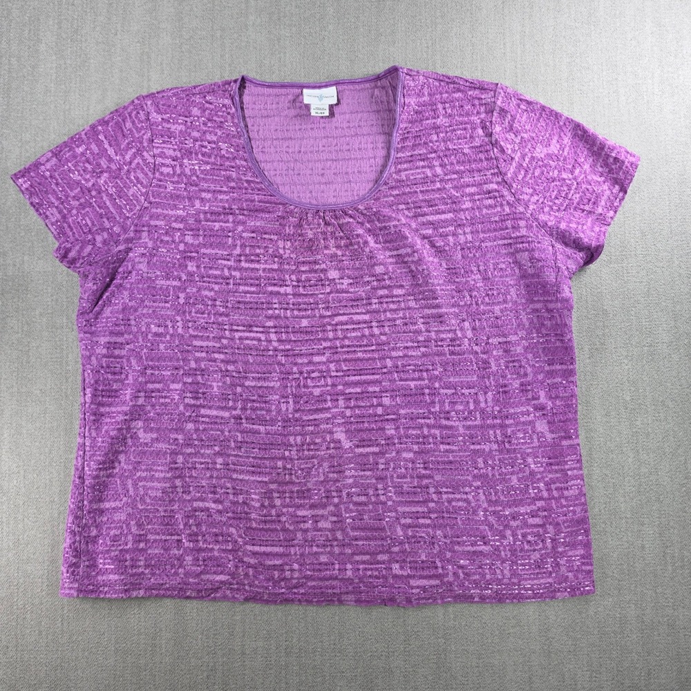 Jaclyn Smith Knit Top Women XL Purple Short Sleeve Textured Scoop Neck Striped